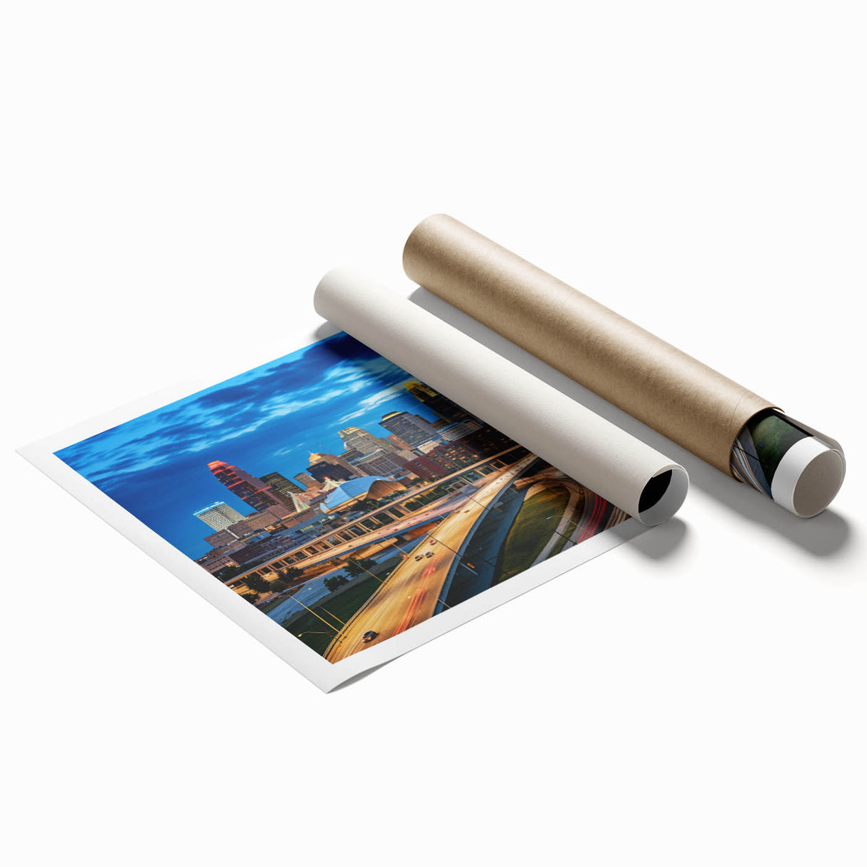 Rolled print of Kansas City skyline in muted gray tones, ideal for classy bathroom wall art.