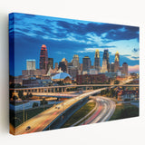 Kansas City skyline in muted gray and blue tones on a large stretched canvas, suitable for kitchen wall art.