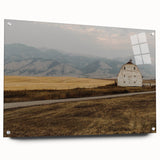 Acrylic glass print of a Montana landscape with soft blue and green tones, suitable for bedroom or dining room decor.