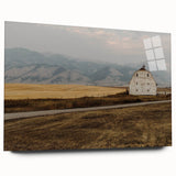 Large abstract wall art depicting a serene Montana landscape in muted earth tones on acrylic glass.