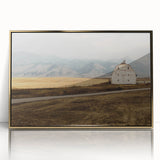 Large acrylic print of a serene Montana landscape in mid-century modernist style, with muted earth tones.