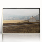 Mid-century modernist art depicting a Montana landscape in muted earth tones on a framed acrylic panel.