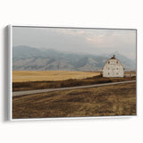 Vintage poster art of a Montana landscape on a framed canvas, featuring a mix of vibrant and muted tones.
