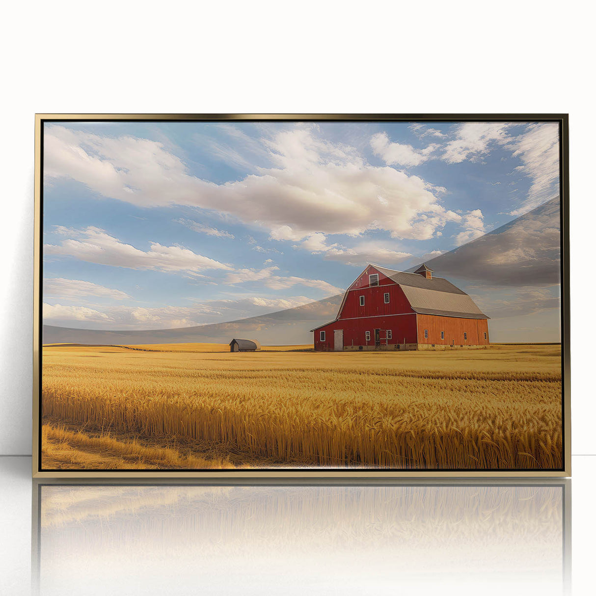Large art print of a Nebraska landscape in gold and green tones, framed acrylic, mid-century modernist style.