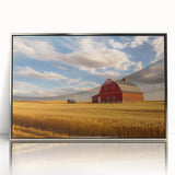 Mid-century modernist art depicting a Nebraska scenery in muted earth tones on a framed acrylic.