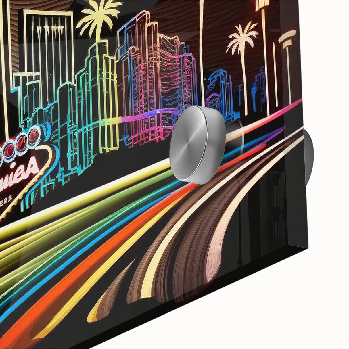 Large abstract depiction of Las Vegas in vibrant colors on acrylic glass, ideal for dining room art.