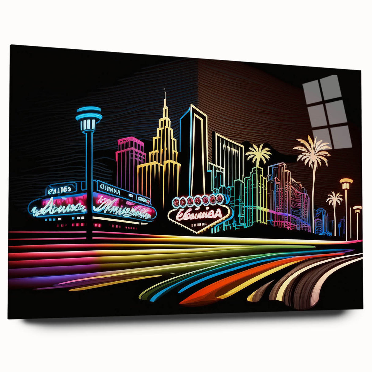 Acrylic print of a large abstract Las Vegas skyline in vibrant night colors, ideal for bedroom or dining room art.