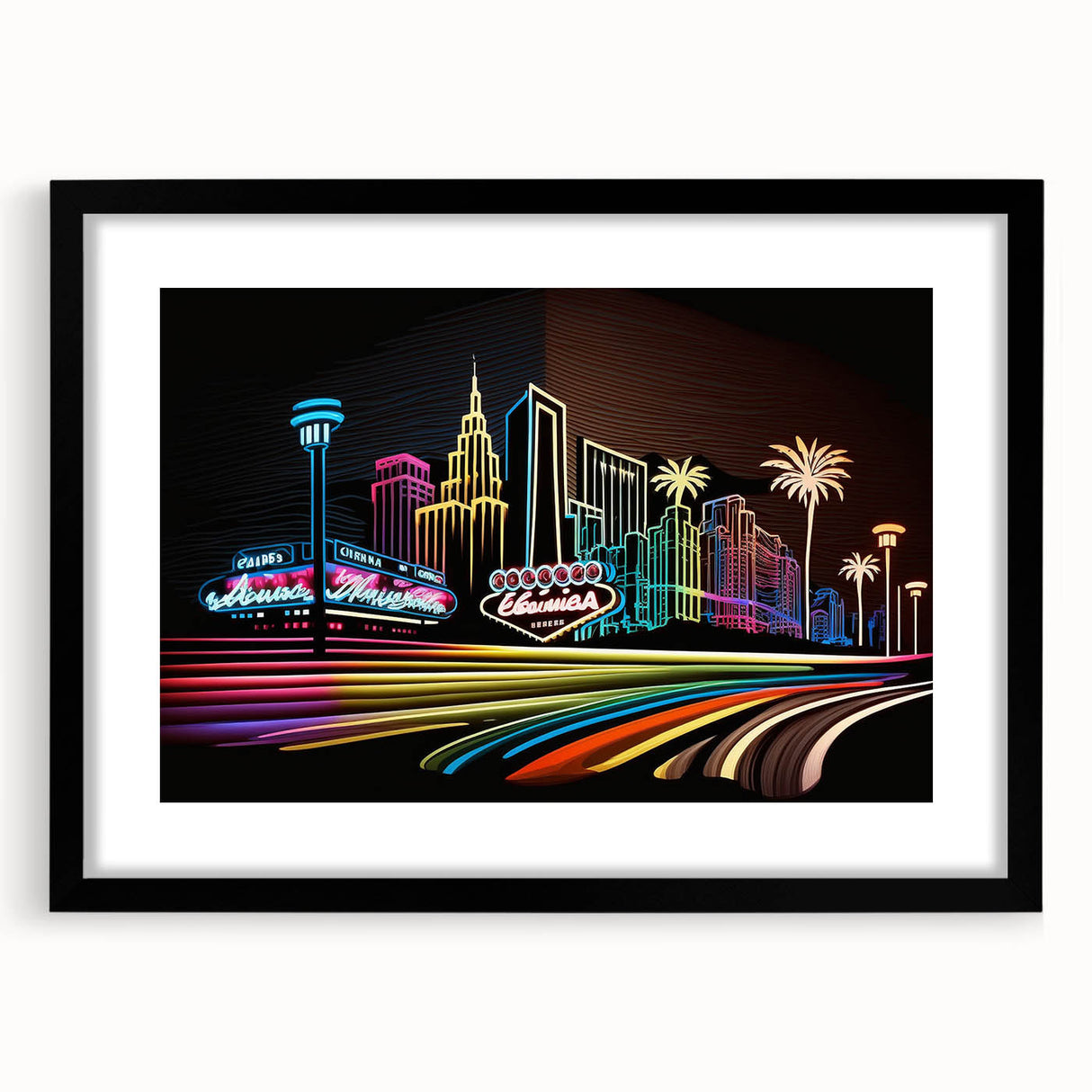 Abstract art print of Las Vegas skyline in vibrant colors on a large framed canvas, suitable for living room decor.