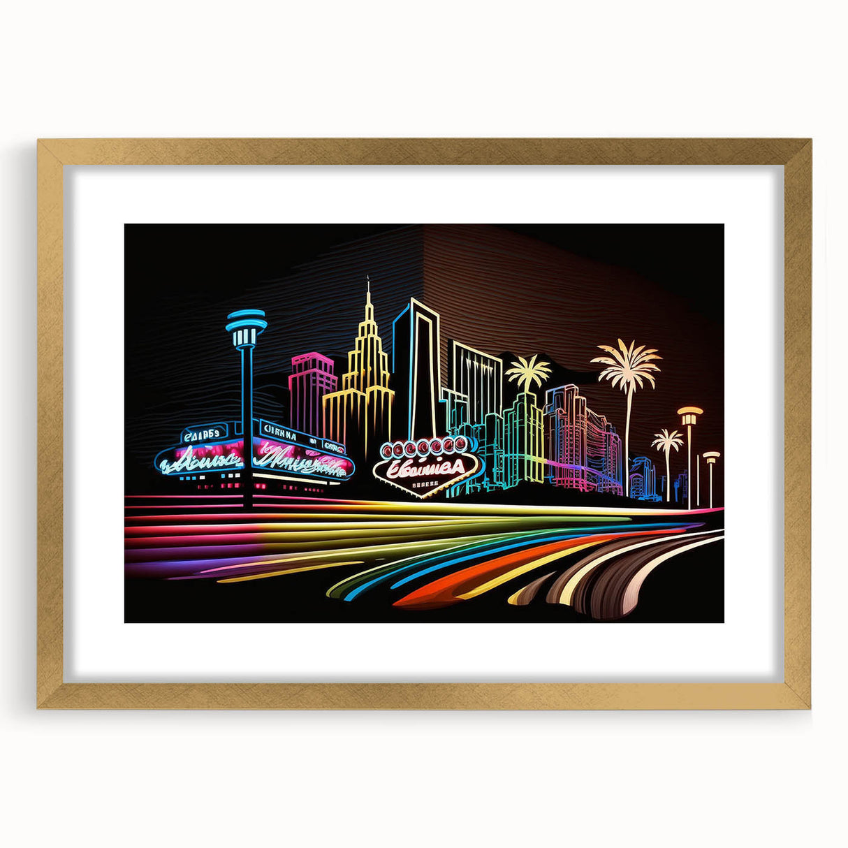 Extra large abstract art print of Las Vegas skyline in muted gold and blue tones, framed with mat.