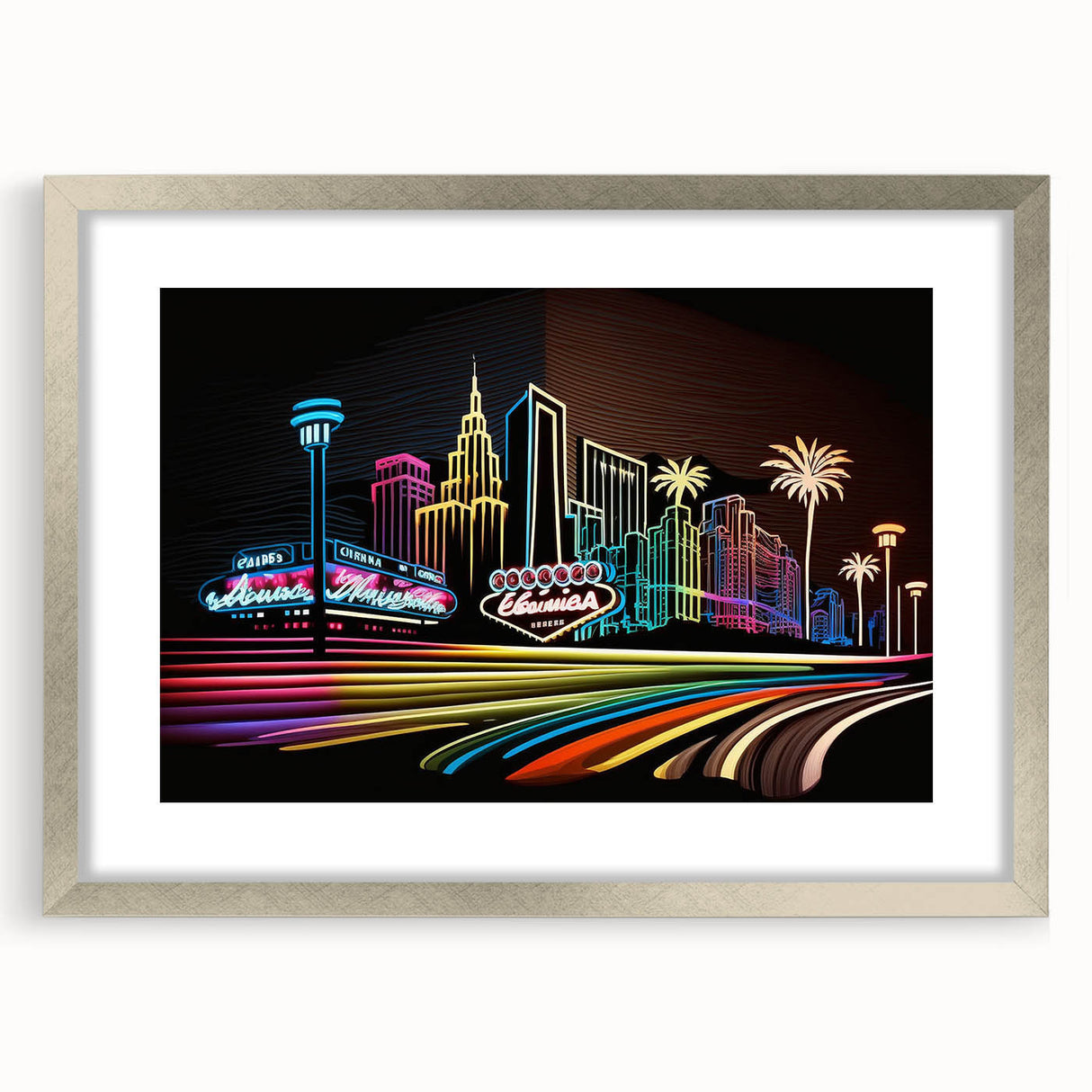 Textured abstract art print of Las Vegas skyline in muted gray tones, framed in silver, ideal for bedroom art.