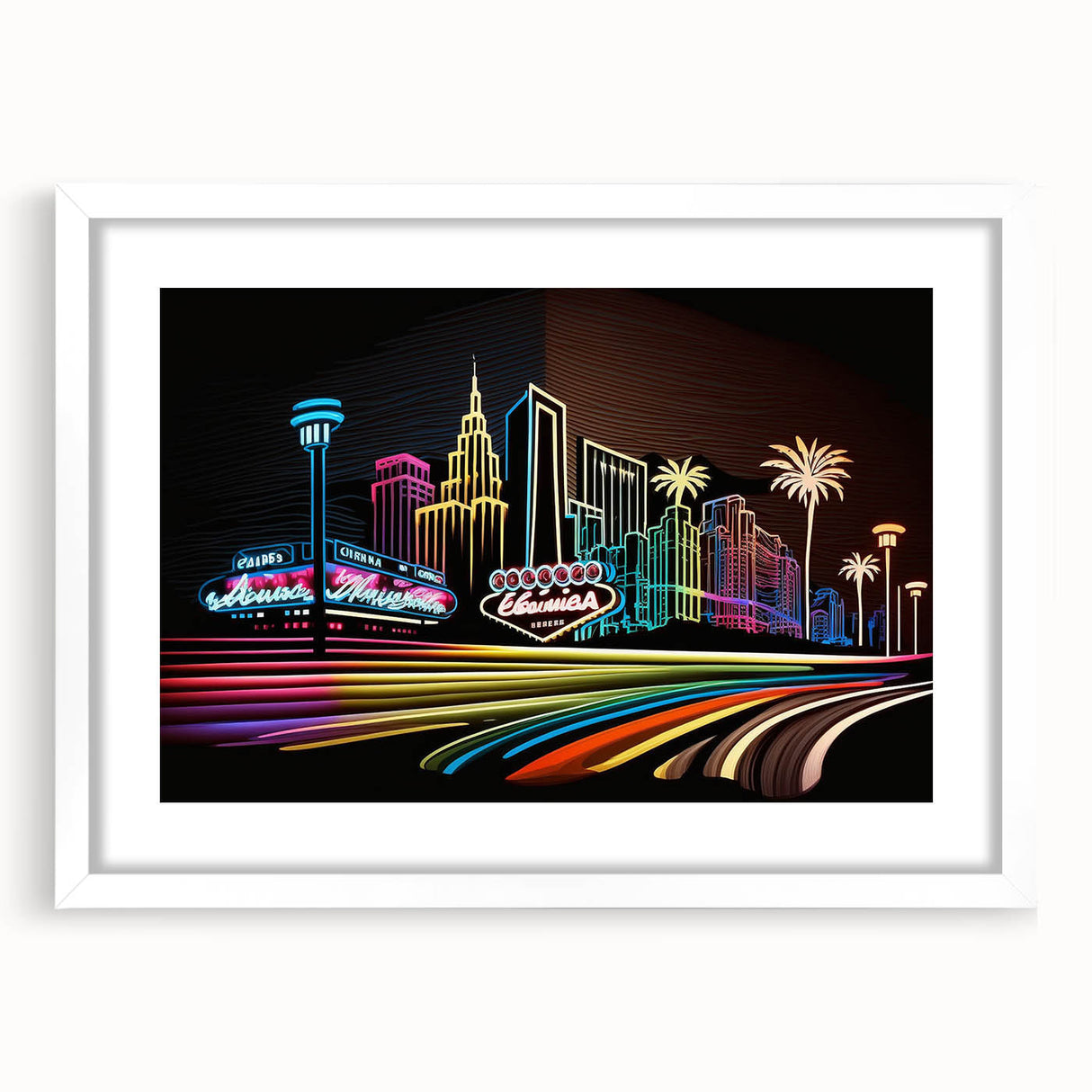 Abstract art print of Las Vegas skyline in muted blue and gray tones on a white-framed canvas.