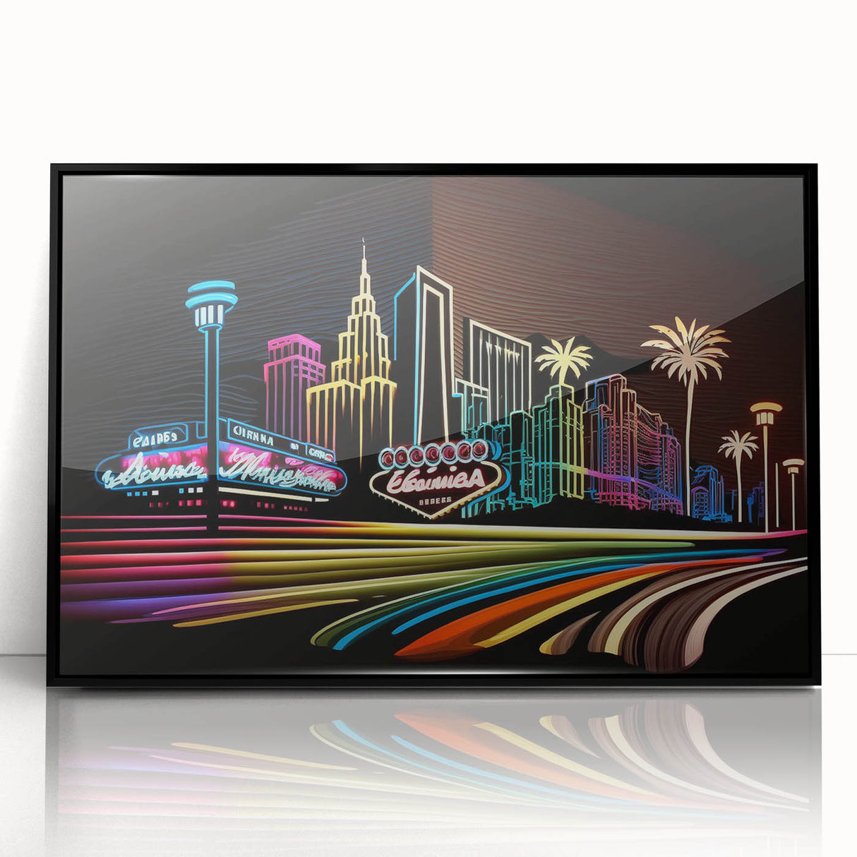 Large abstract wall art of Las Vegas skyline in black and gray tones on acrylic, framed, ideal for modern office decor.