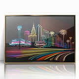 Mid-century modernist Las Vegas skyline in gold and black hues on a framed acrylic, suitable for modern art wall decor.