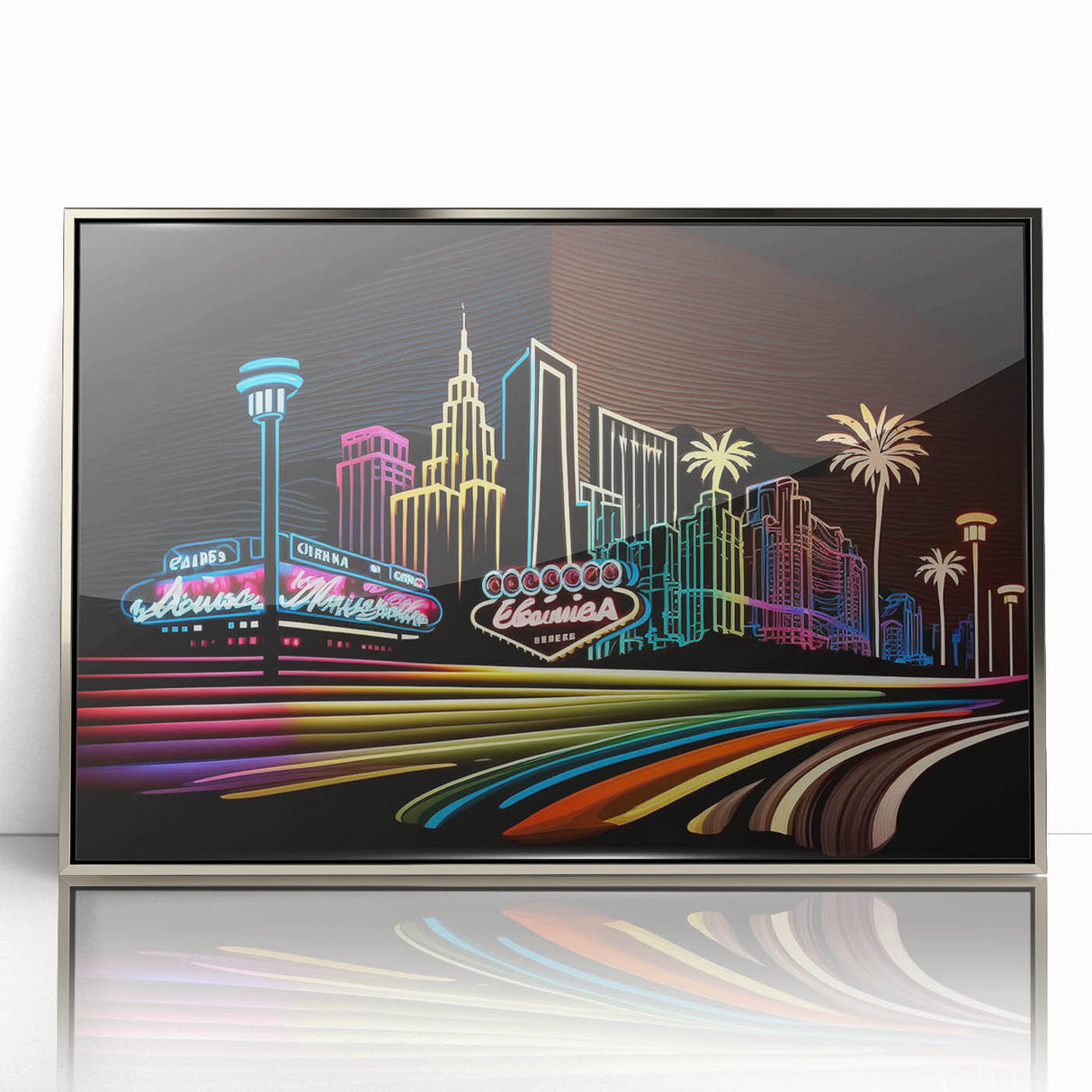 Mid-century modernist art depicting the Las Vegas skyline in vibrant colors, framed in silver acrylic.
