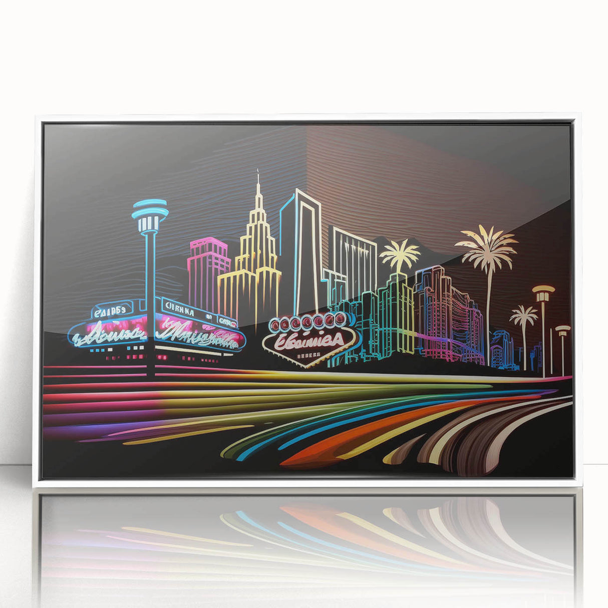 Acrylic print of Las Vegas skyline in art deco style with muted colors, ideal for modern art wall decor.