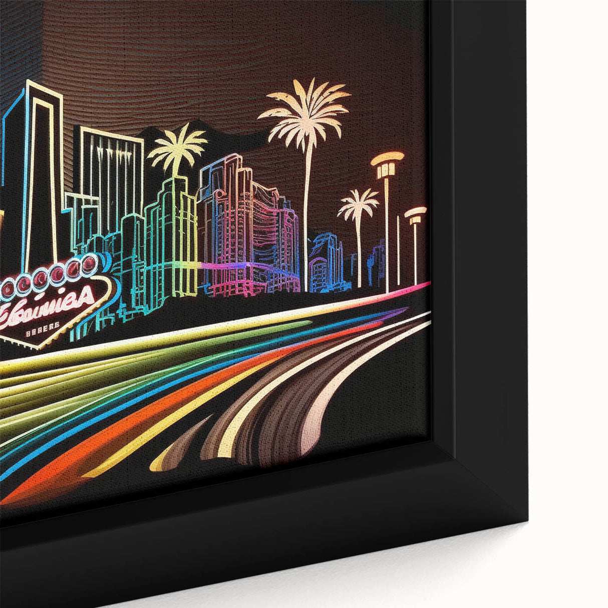 Extra large framed canvas of a textured Las Vegas scene in black with colorful accents, ideal for living room decor.