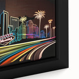 Extra large framed canvas of a textured Las Vegas scene in black with colorful accents, ideal for living room decor.