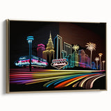 Framed canvas featuring a vintage poster art style landscape of Las Vegas with black and gold tones.