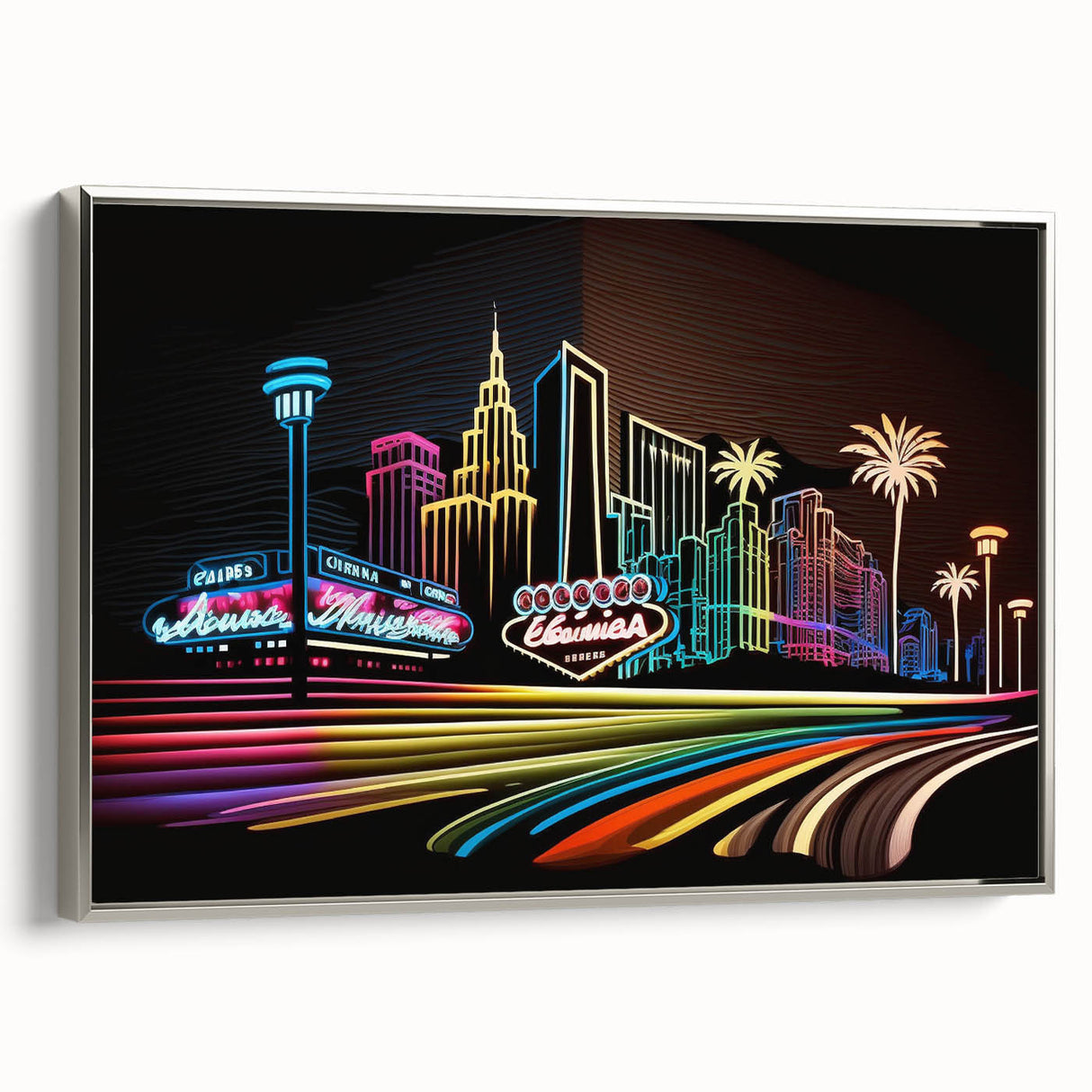 Framed canvas depicting a vintage-style Las Vegas landscape with colorful elements on a black background.