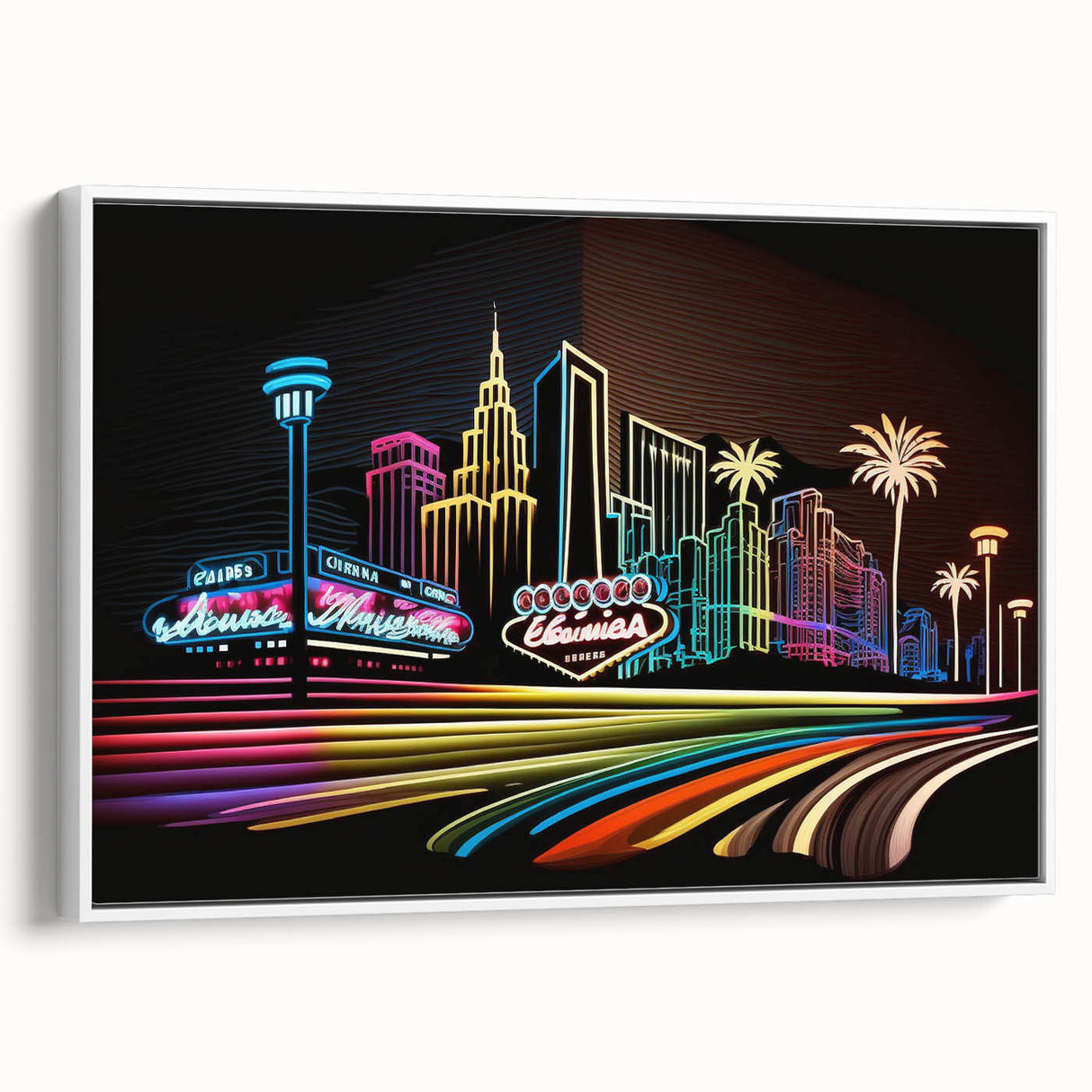 Vintage poster art of Las Vegas skyline in vibrant colors on a framed canvas, suitable for living room decor.