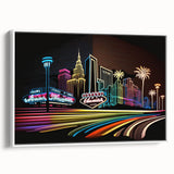 Vintage poster art of Las Vegas skyline in vibrant colors on a framed canvas, suitable for living room decor.