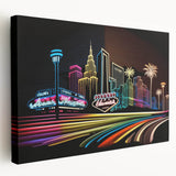 Las Vegas skyline on stretched canvas with vibrant night colors, ideal for kitchen wall art.