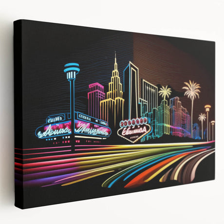 Las Vegas skyline on stretched canvas with vibrant night colors, ideal for kitchen wall art.
