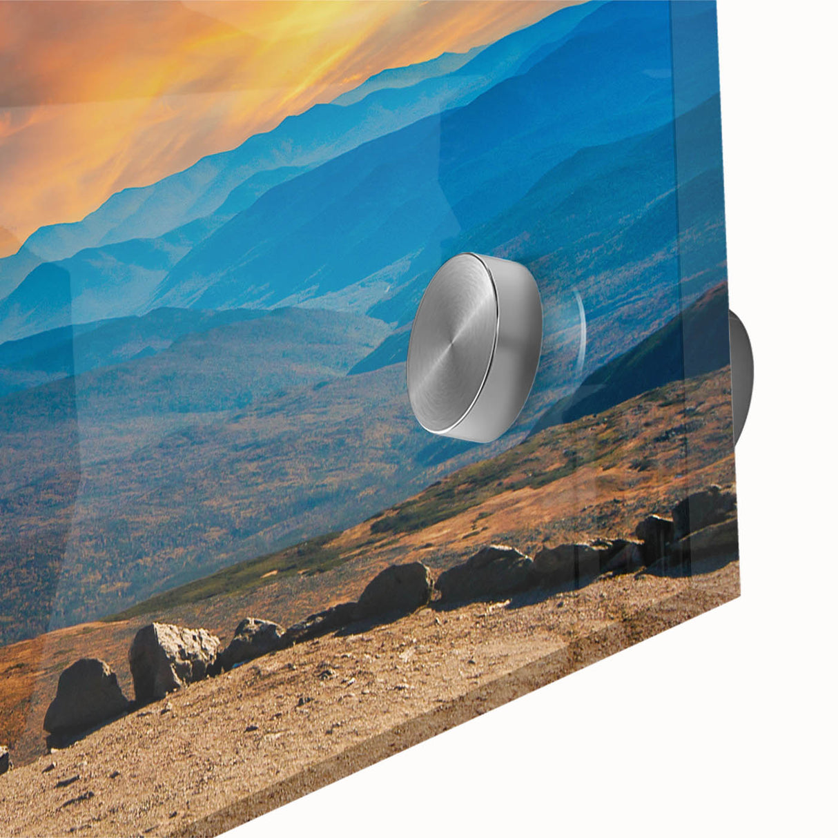 Mid-century modernist abstract landscape in muted earth tones on acrylic glass, ideal for dining room art.