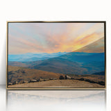 Mid-century modernist acrylic print of a New Hampshire landscape in muted earth tones, framed in gold.