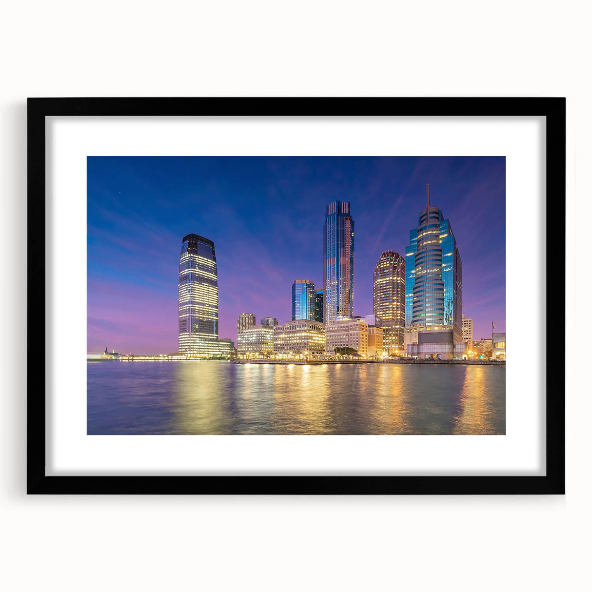 Extra large abstract art print of a colorful New Jersey scenery on textured canvas, framed in black.