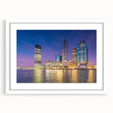 Abstract art print of New Jersey scenery in muted earth tones on a framed white canvas, suitable for dining room decor.