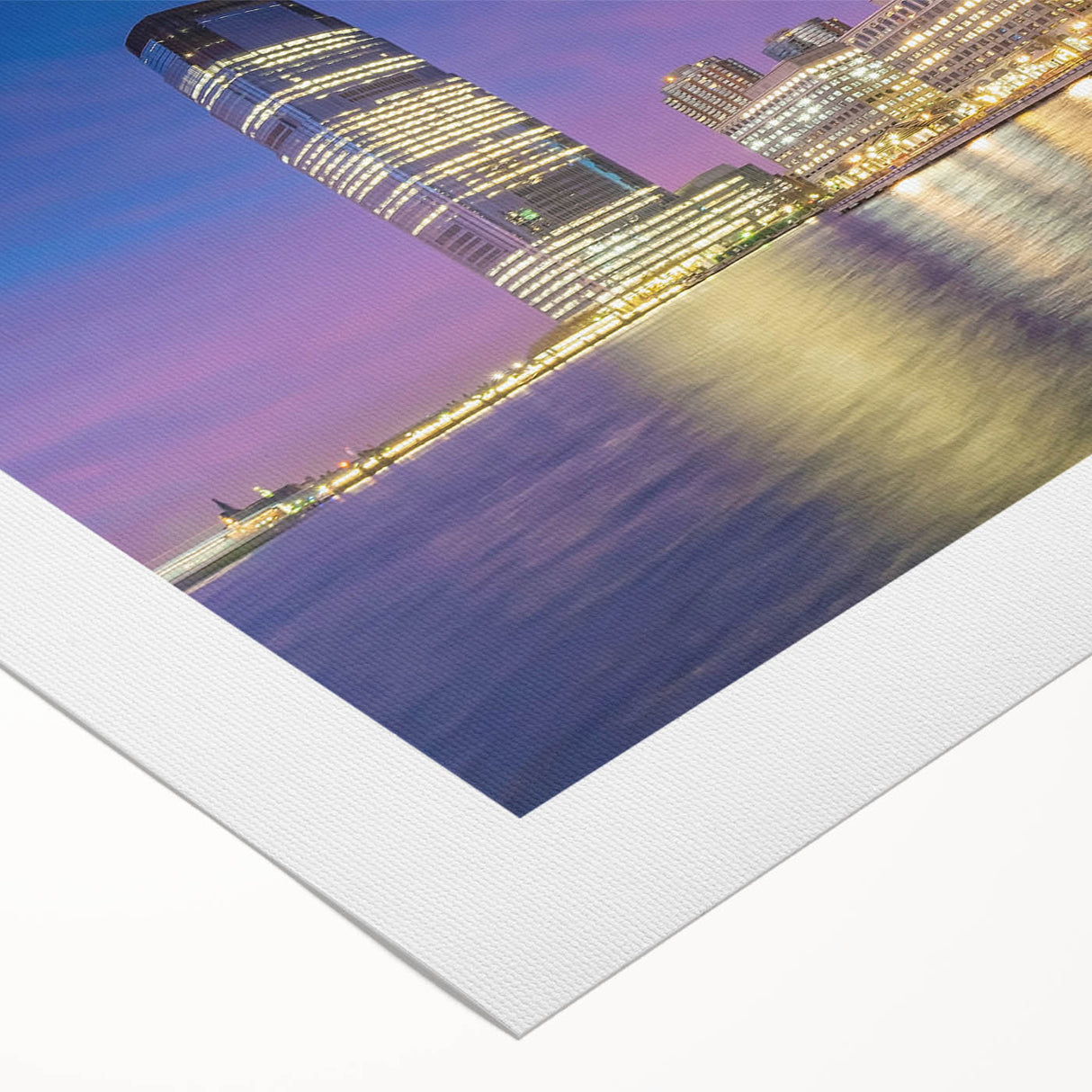 Art deco poster featuring the New Jersey skyline in muted blue tones on rolled canvas, suitable for dining room wall art.