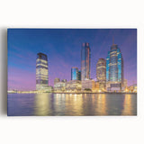 Black and white stretched canvas featuring a panoramic New Jersey skyline, ideal for kitchen wall art.