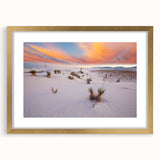 Extra large abstract art print depicting textured New Mexico scenery in muted earth tones, framed in gold.