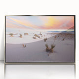 Mid-century modernist art depicting New Mexico scenery in muted earth tones on a framed acrylic panel.