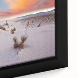 Extra large framed canvas featuring a textured depiction of a New Mexico landscape in black with colorful accents.
