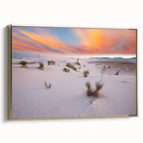 Framed canvas landscape art painting featuring a vintage-style New Mexico scene with muted earth tones.