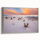 Framed canvas of a New Mexico landscape in vintage poster style, featuring a palette of black and vibrant colors.