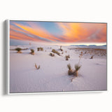 Vintage poster art of New Mexico scenery on a large framed canvas with colorful accents, ideal for living room decor.