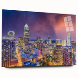 Abstract depiction of Charlotte skyline in muted gray on large acrylic glass, suitable for bedroom or dining room art.