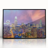 Large abstract wall art of Charlotte, North Carolina, in muted gray and blue tones on framed acrylic.