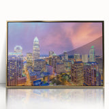 Acrylic print of Charlotte skyline in gold and blue tones, ideal for modern art wall decor.