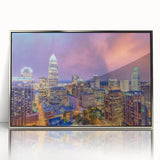 Mid-century modernist art of Charlotte, North Carolina skyline in silver-framed acrylic, featuring cool blue and gray tones.