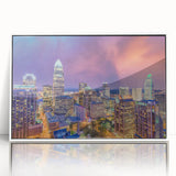 Acrylic print of Charlotte skyline in muted gray, ideal for modern art wall decor in a nursery.