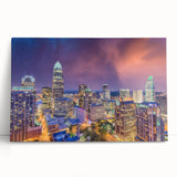 Black and white stretched canvas of Charlotte skyline, ideal for kitchen wall art or bedroom ambiance.