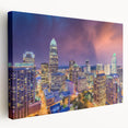 Charlotte skyline in muted gray and blue tones on a large stretched canvas, suitable for kitchen wall art.