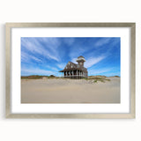 Textured abstract art print of Outer Banks, NC, in muted earth tones on a silver framed canvas, ideal for bedroom art.