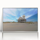 Art deco style poster of the Outer Banks, North Carolina in muted blue tones, framed acrylic.