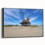 Black and white framed canvas depicting the Outer Banks, North Carolina, in a vintage poster style.