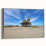 Framed canvas of a vintage-style Outer Banks landscape in black and gold, ideal for bedroom wall art.